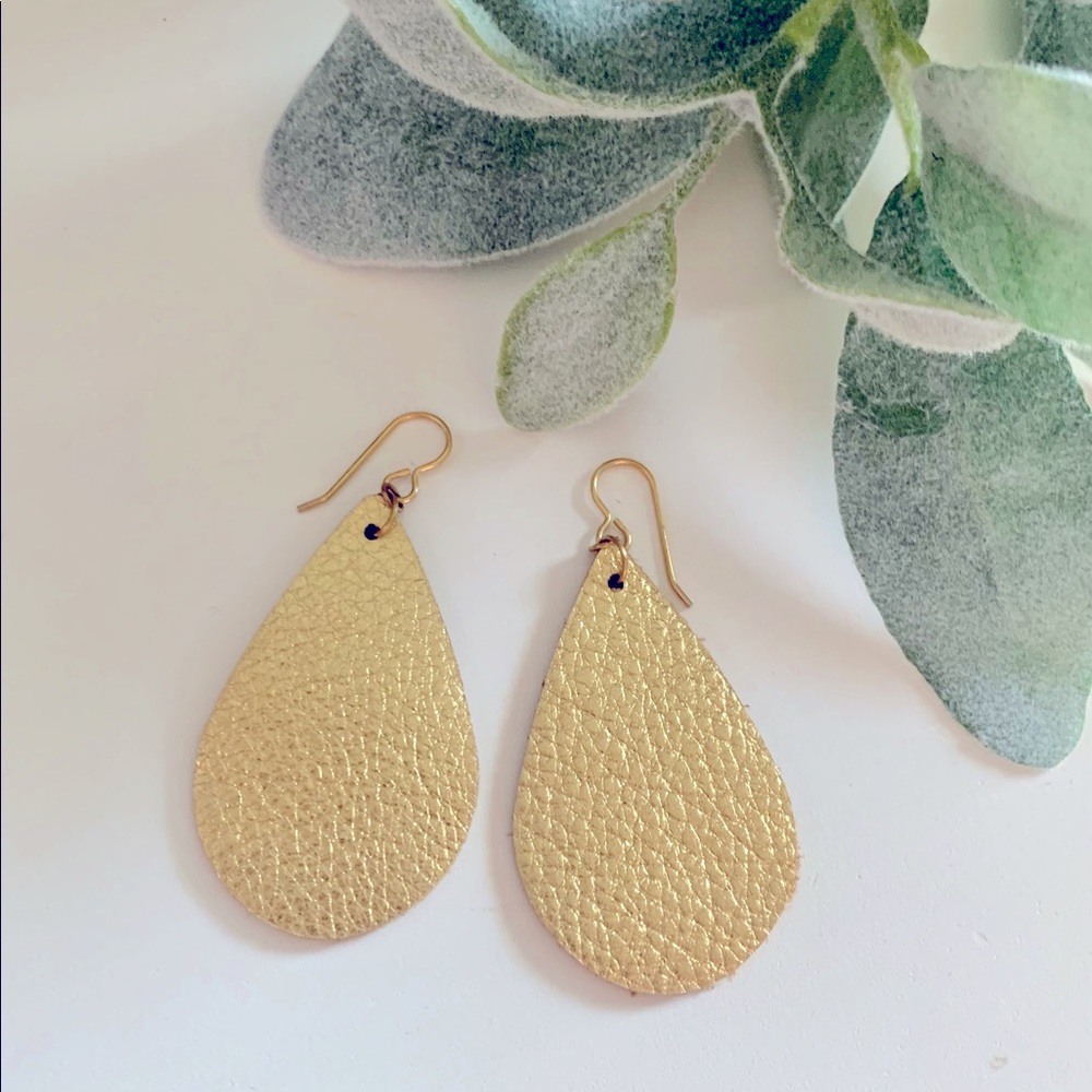 Gold genuine leather teardrop earrings